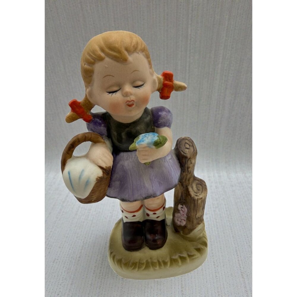 Vintage Country Girl Flower Basket Figurine Spring Hand Painted Pigtails Ceramic